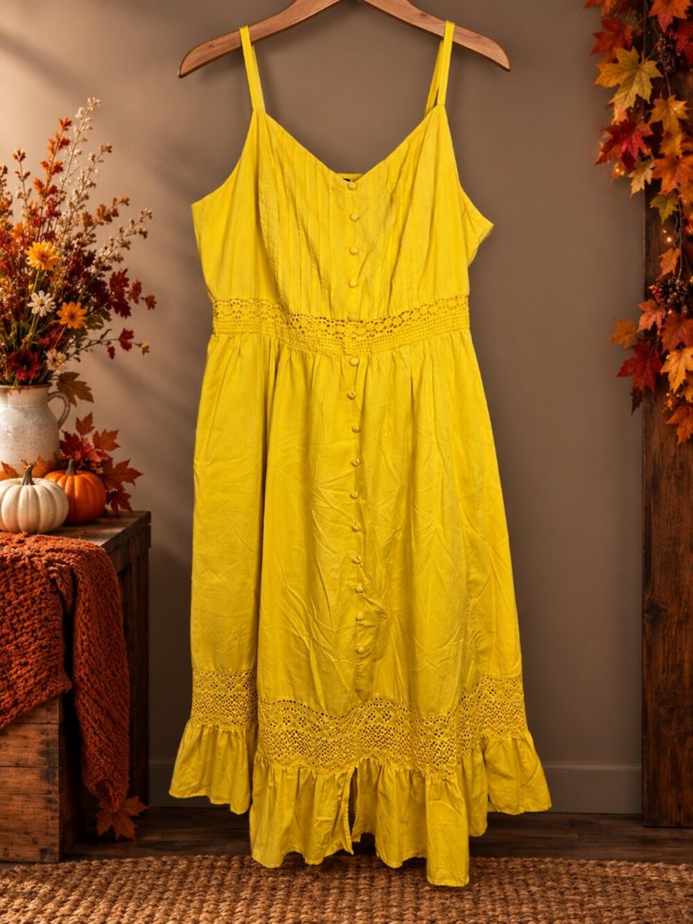 Torrid Midi Cotton Yellow Cottagecore Dress Ruffle Hem Fall Prairie Sundress
